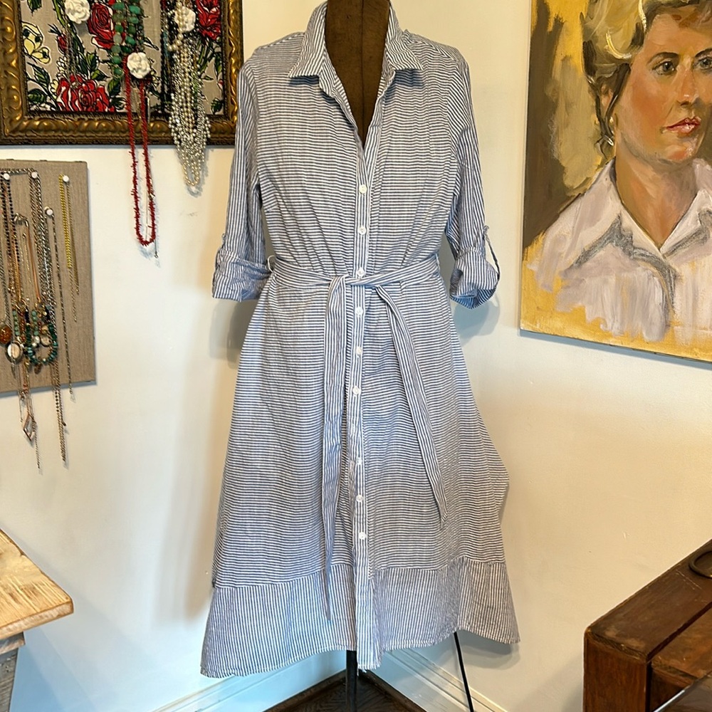 Coastal vibe shirt dress, uneven hem, button down, casual but classy, size 8